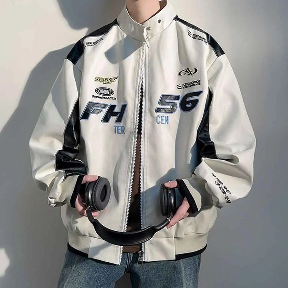 Men’s PU Leather Racing Jacket Oversized, Zip-Up Varsity Bomber Coat, Streetwear Motorcycle Style