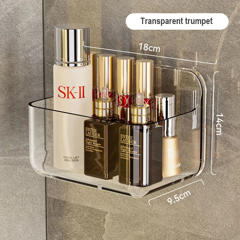 Large Transparent Bathroom Shelf, Adhesive Wall-Mounted Storage for Shower Gel/Bottles, Extra Deep PET Vanity Organizer