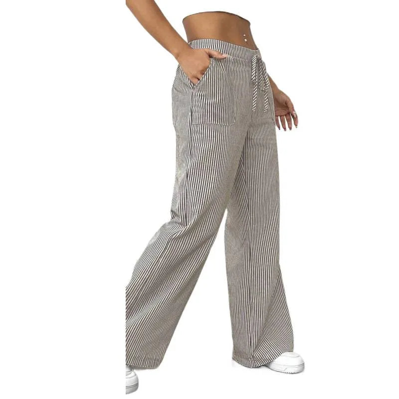 Ladies' Striped Elastic Waist Straight Leg Trousers With Pockets Summer Casual Long Pants Soft Breathable Wide Leg Trousers