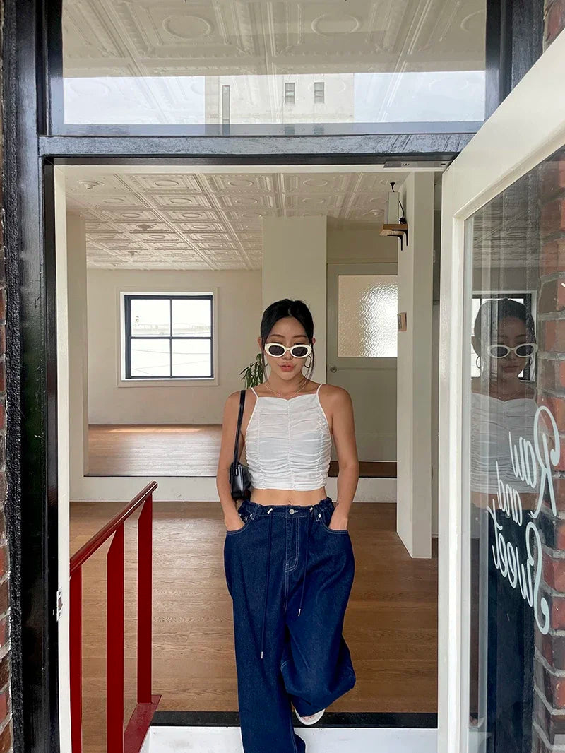 Retro High-waisted Women's Straight Jeans Summer New Fashion Loose Drawstring Design