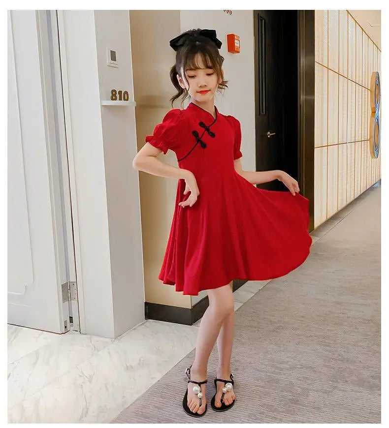 2026 Kids Girls Solid Chinese Red Cheongsam Qipao Princess Teenager New Year Dresses Clothing 4 7 8 9 10 12 14 Years
