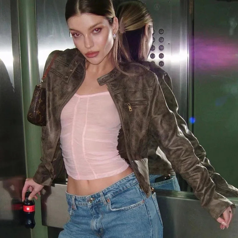 American Y2K Retro Distressed Brown Short Jacket 2026 Spring New Hot Girl Versatile Stand Collar PU Leather Jacket