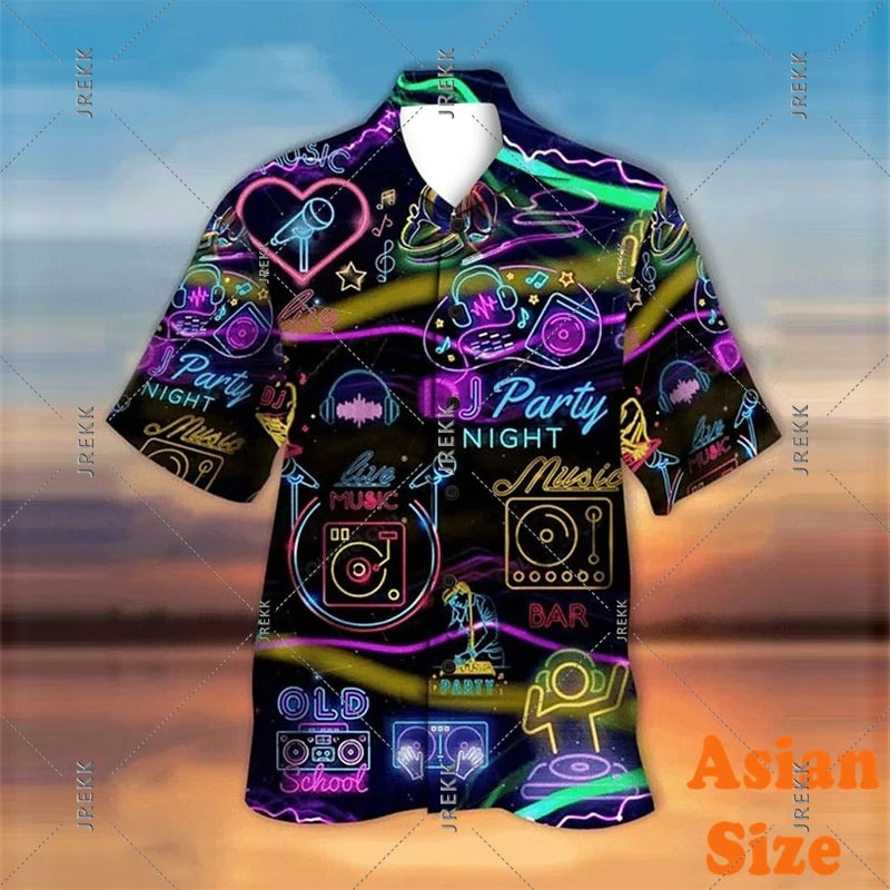 DJ Music Party Neon Print Hawaii Shirt Men's Clothing Cool Guitar Streetwear Shirts Bar Personality Trend Button Blouse 2025