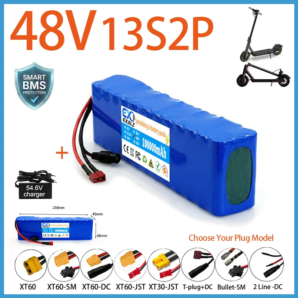 48V Electric Scooter Battery 13S2P 100Ah 18650 Lithium Pack For E-Bike Vehicle Motorcycle DIY BMS + 54.6V Charger