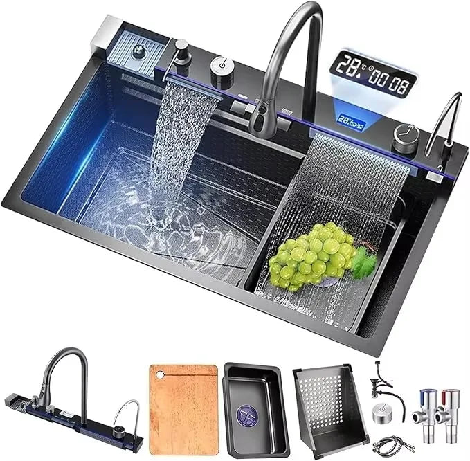 LED Factory 304 Stainless Steel Anti-Scratch Kitchen Sink Multifunction LED Digital Display Pull-Out Faucet Single Bowl Design