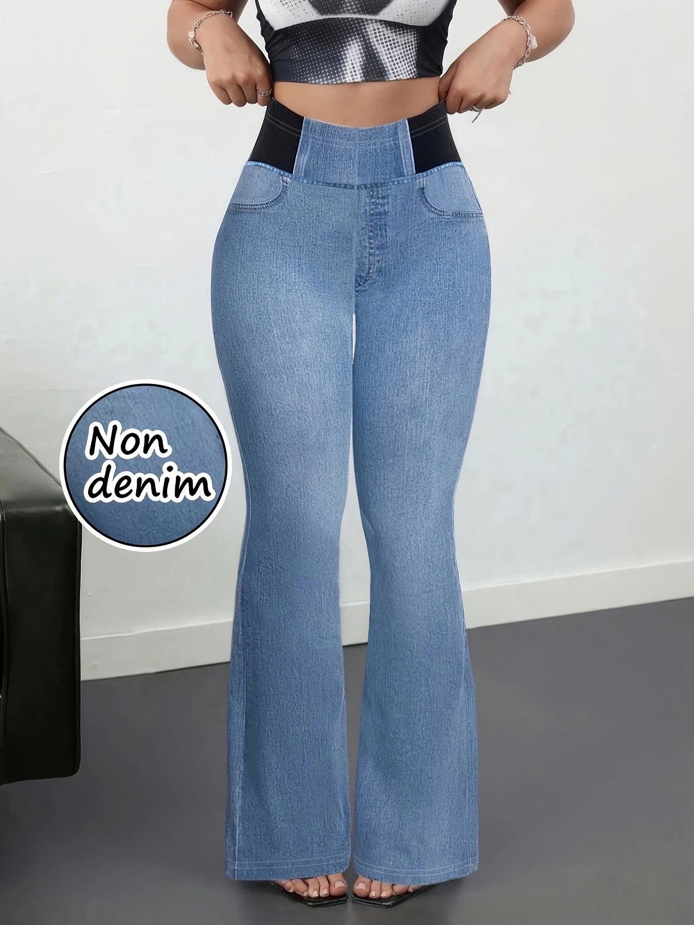 Women's Imitation Denim Flared Jeans, High Waist Stretchy Leggings Booty Lifting Casual Pants Trousers for Casual Streetwear