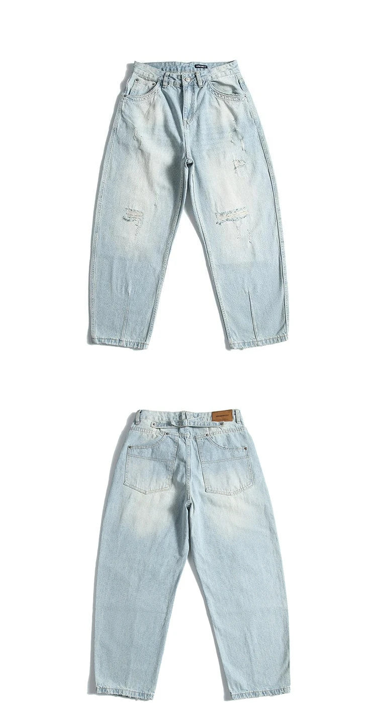 Mens Jeans American Vintage Light Blue Washed Distressed Ripped Patch Baggy Loose Curved Tapered Denim Pants Streetwear Hip Hop