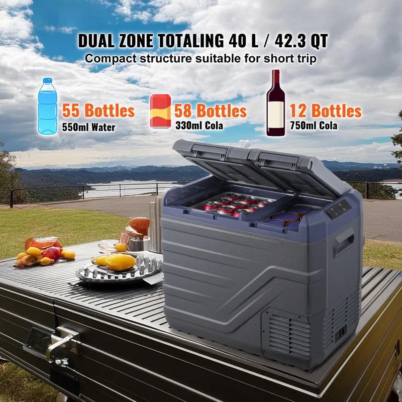 Car Refrigerator Fridge,40 L Dual Zone Portable Freezer,12/24V DC And 100-240V AC Compressor Cooler For Outdoor,Camping,RV