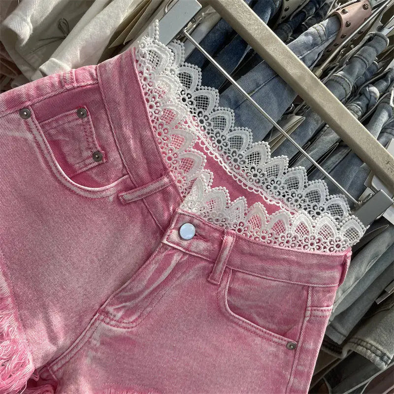 Light Blue Denim Shorts For Women High Waisted Raw Hem Lace Patchwork Petite Shorts Summer Casual Slim Fit Hot Pants