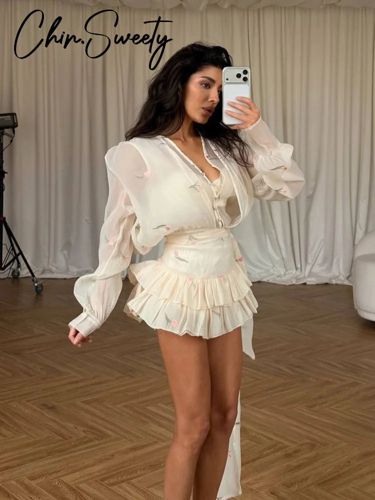 Elegant Printed Women's Dress Long Sleeve V-Neck Ruffle Waist-Closed Lady Mini Dresses 2026 Summer Female Vacation Robe New