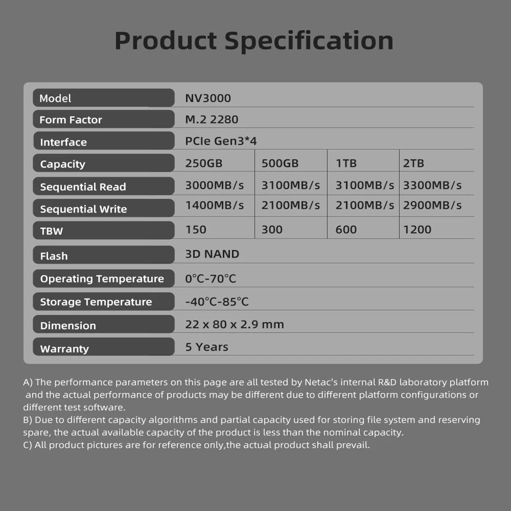 Netac 3500MB/s M2 SSD 250gb 500gb 1tb 2tb NMVE SSD M.2 2280 PCIe3.0x4 Internal Solid State Drives for Desktop Notebook