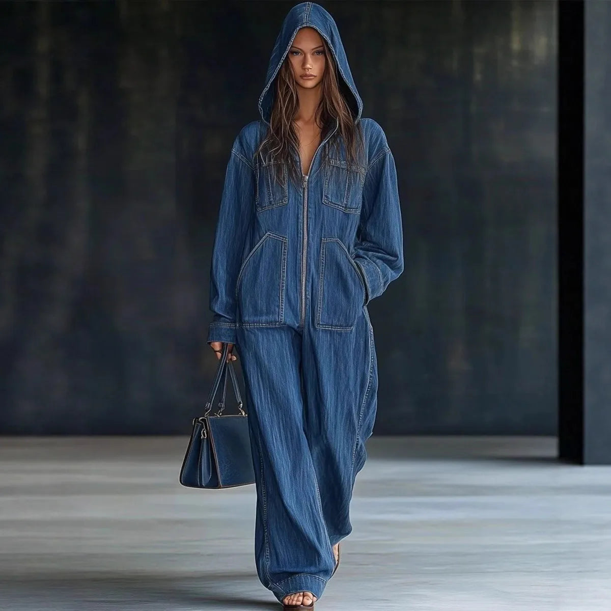 Women Denim Jumpsuits For Autumn Winter Long Sleeve Bandage Loose Fashion Streetwear Overalls Wide Leg Pants Jeans 2025