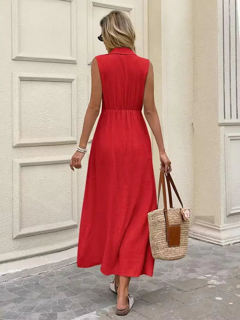 BohemianStyle Dress Sleeveless V-Neck ButtonFront Dresses Elegant Classic Solid Dresses Resort SeasideStyle Vacation Dresses