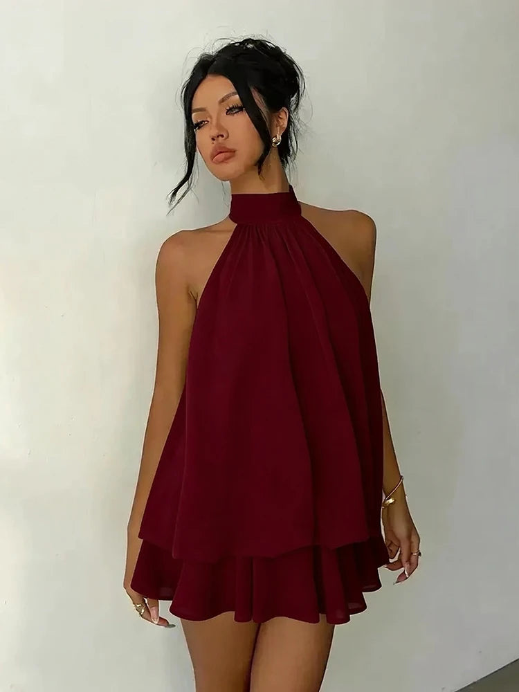 Women Halter Neck Backless Tie Mini Dress Summer Sleeveless Chiffon Ruffle Short Dresses Sexy Club Party Beach Vacation Outfit