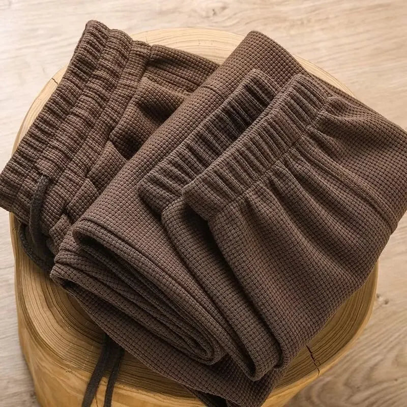 Men's Retro Knitted Waffle Sweatpants, Loose Straight Leg Solid Color Pants with Elastic Waist and Drawstring, Suitable for Autu