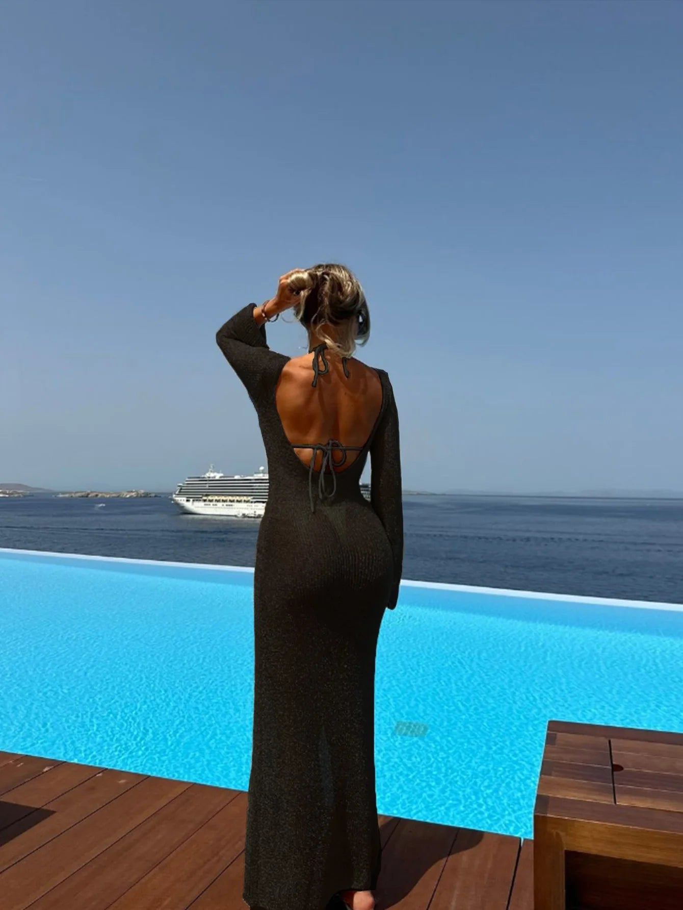 Women's pure color sexy backless slender long-sleeved gauze dress Spring Summer Outfits for Women