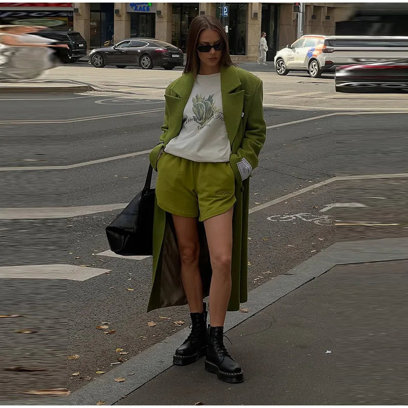 Women Olive Green Oversized Coat Notched Lapel Double Breasted Straight Outerwear Vintage Fall Winter Daily 2026 Office Outfit