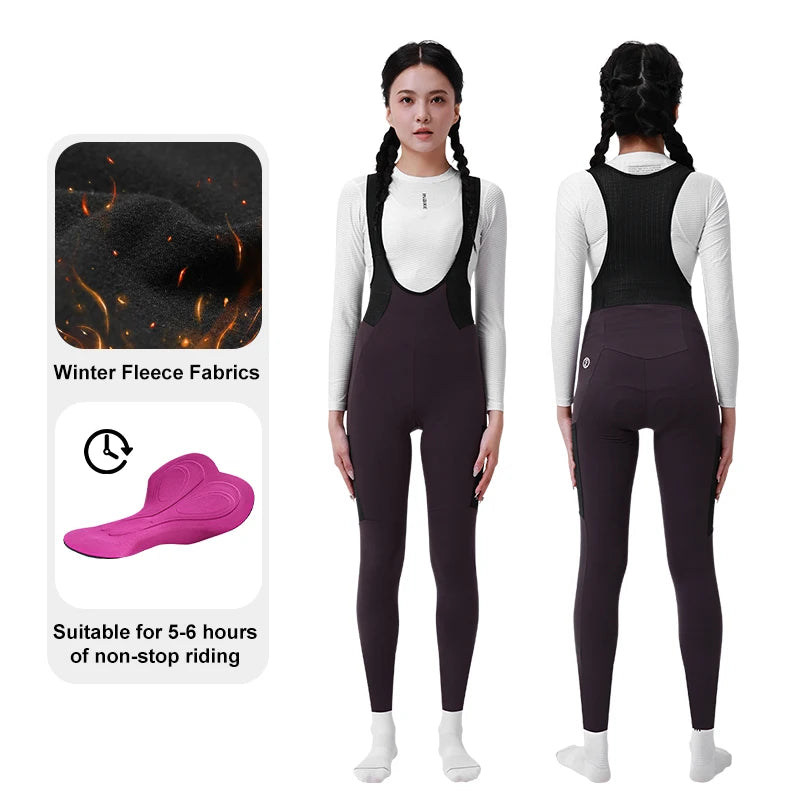 INBIKE Winter Women's Thermal Fleece Bibs Cycling Pants High Waist Padded Long Bike Tights with Pockets Bicycle Pants Clothing