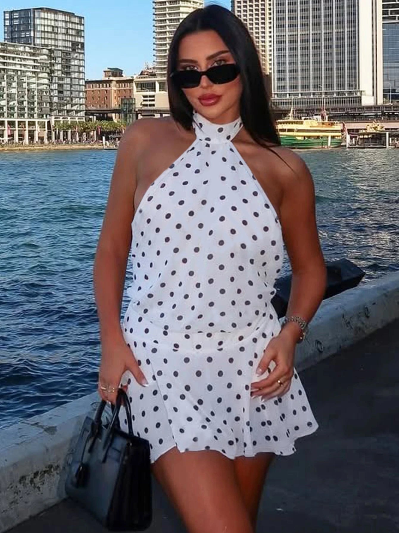 Hugcitar Polka Dot Print Halter Sleeveless Backless Bandage Sexy Slim Mini Dress Summer Women Fashion Outfit Party Vacation