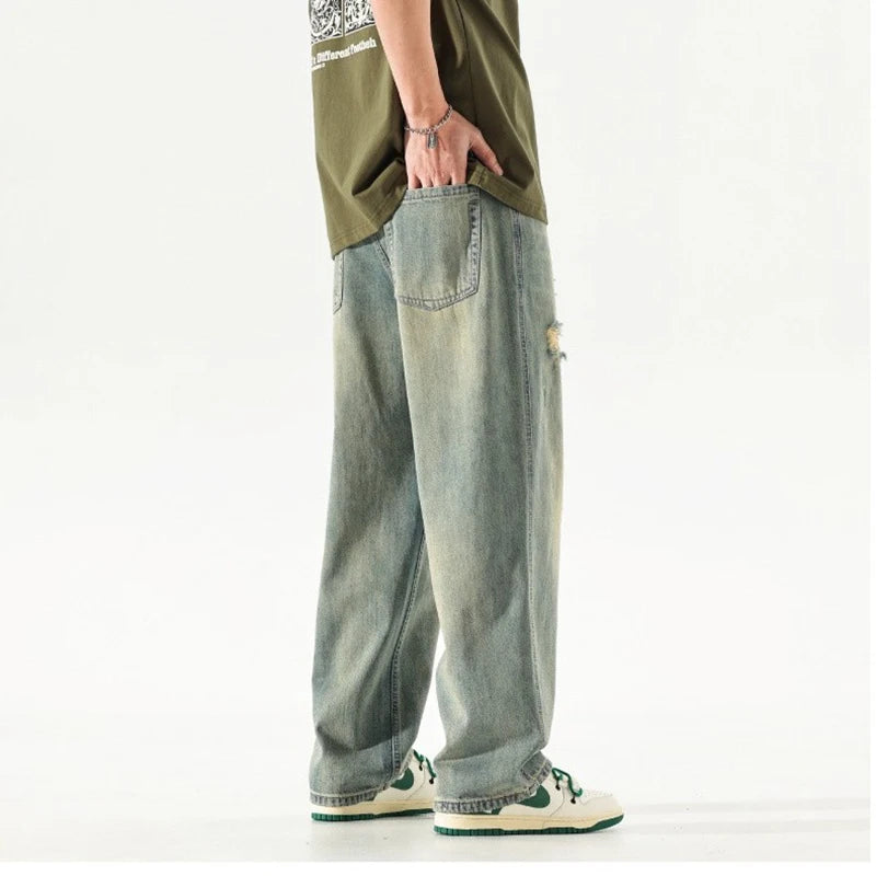 New Fashion Men Ripped Loose Straight Leg Jeans Male American Style Vintage Trend Streetwear Denim Pants Daily Casual Trousers
