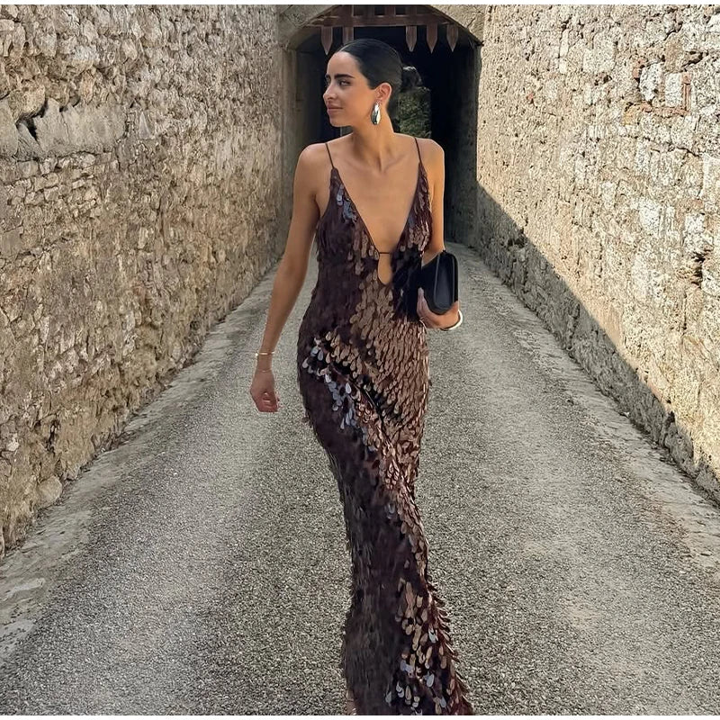 Women Sequin Sling Maxi Dress V-neck Solid Backless High Waist Sleeveless Dresses 2025 Fashion New Summer Lady Party Robes