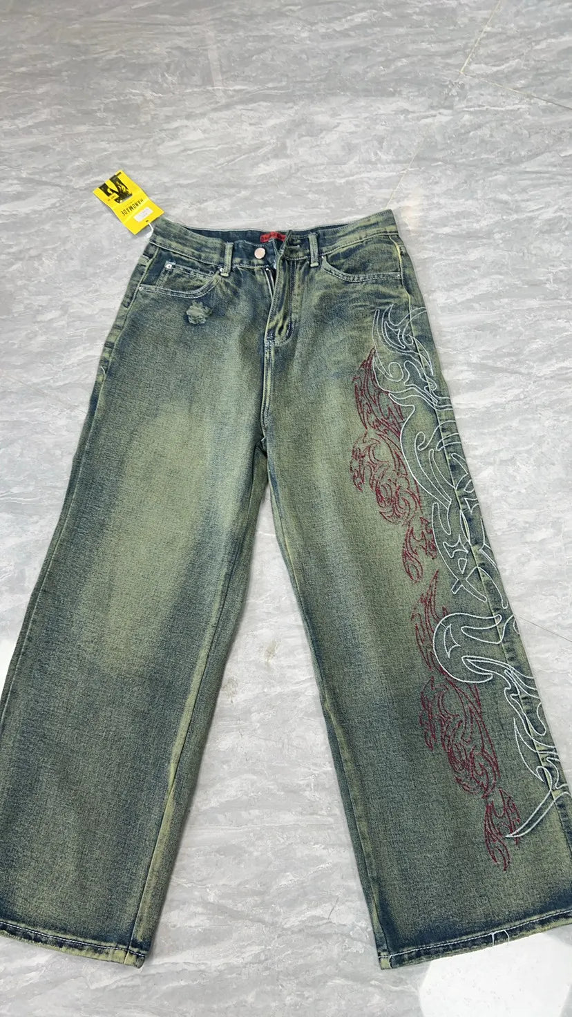 Y2K American New Pattern Embroidery Baggy Jeans Couple Pants mid Waist Straight Leg Loose Fit Teenager Jeans Casual Trousers