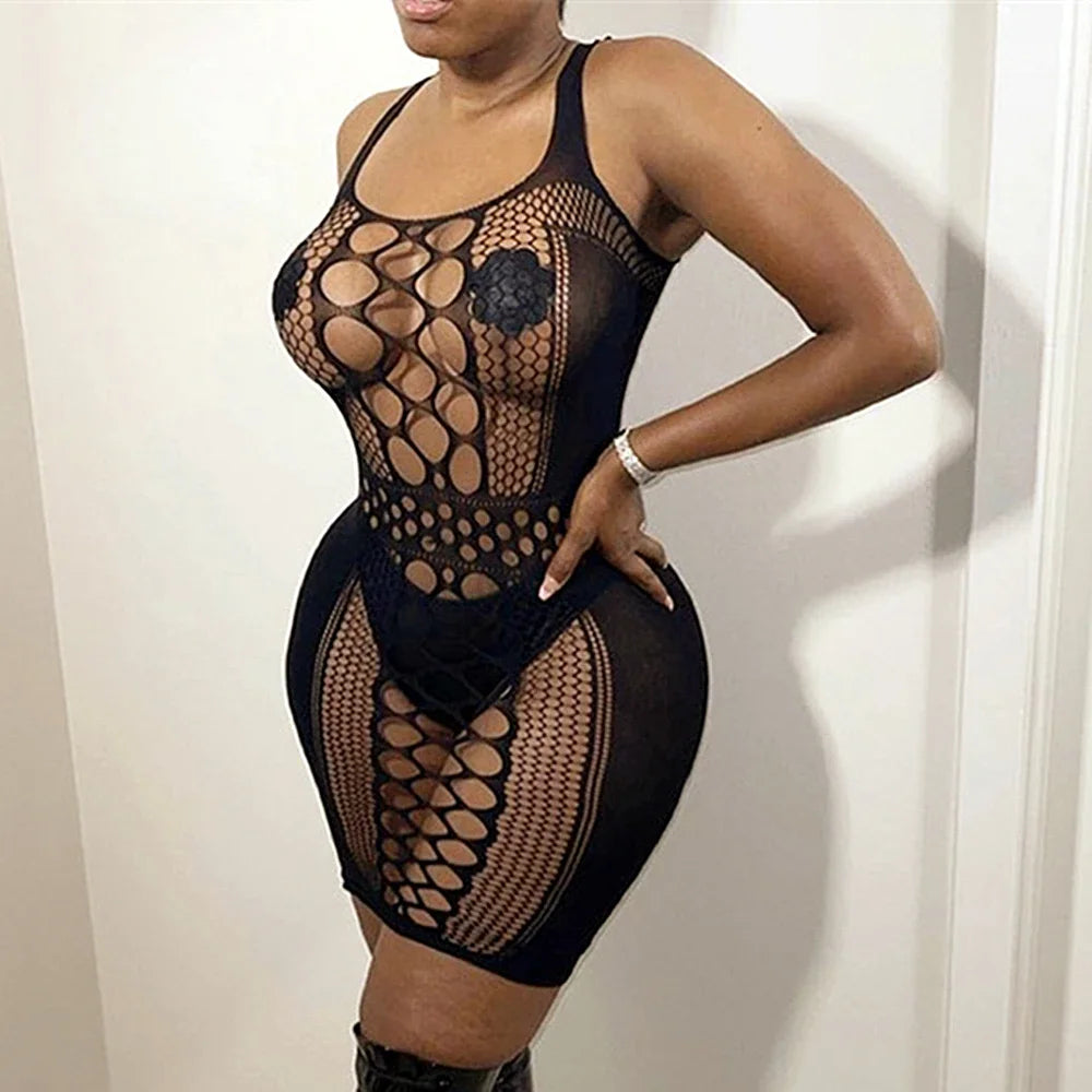 Women Fashion One-piece Bodycon Dress Ladies Erotic Fishing Net See Through Hollow Tight Lingerie Sexy Transparent Short Skirt