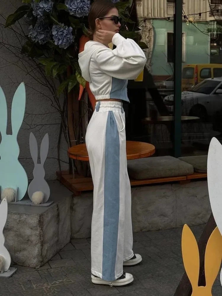 Hoodie Patchwork Denim 2 Piece Sets Women Outfit Slim Hoodies Crop Top Wide Leg Sweatpants Suit Streetwear Casual Tracksuits