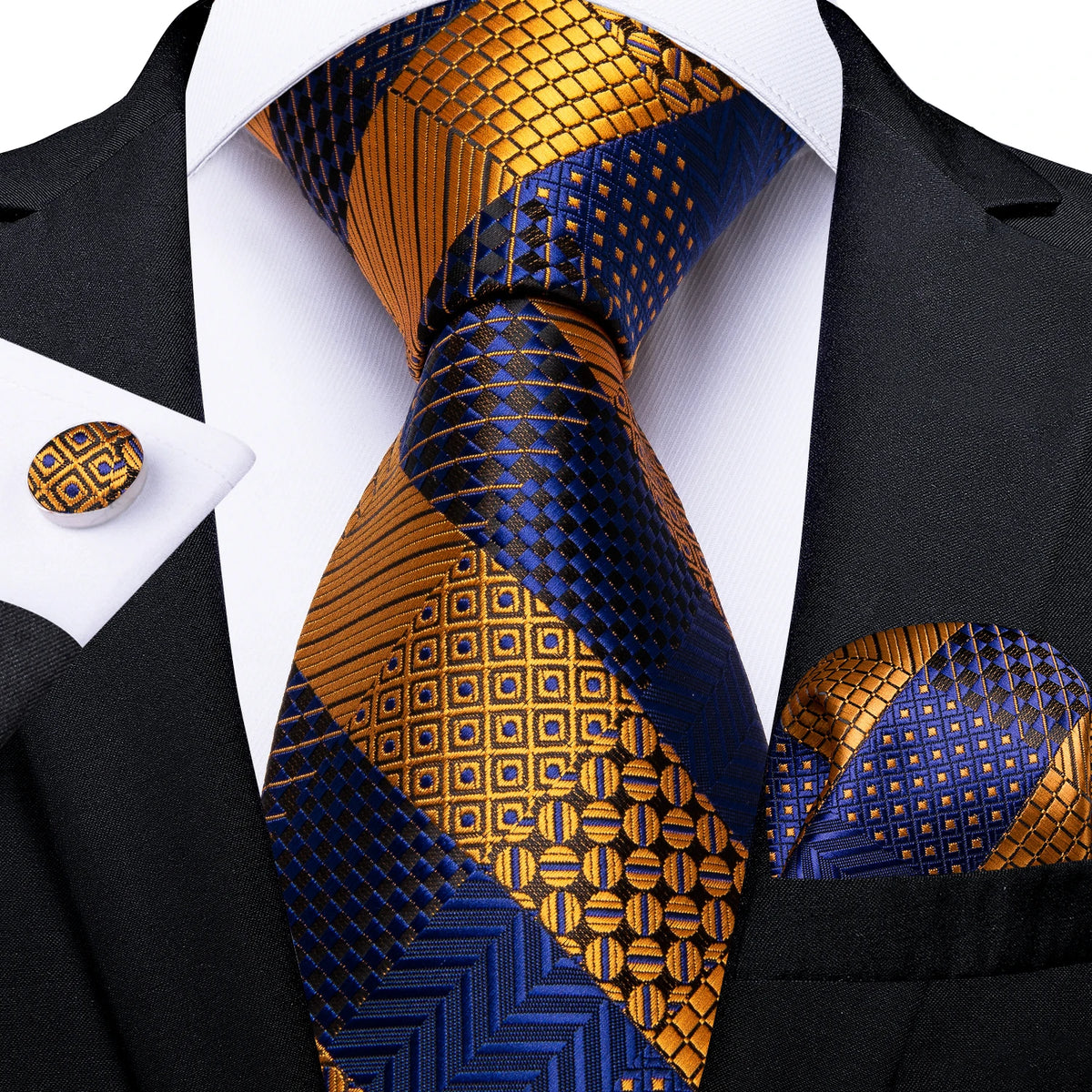 8cm Men's Polyester Ties Pocket Square Cufflinks Green Gold Paisley Wedding Party Accessories Necktie Gift