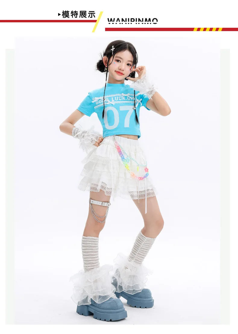 Kid Cute Hip Hop Clothing BLue Crop T Shirt Sleeves White Layered Lace Pleated Mini Skirt for Girls Jazz Dance Costume Clothes