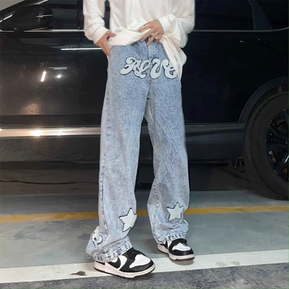 Trousers Cross Men's Straight Jeans Neutral Denim Stitch Loose Wide Leg Men Jeans Quality Casual Baggy Trousers Street Hip Hop