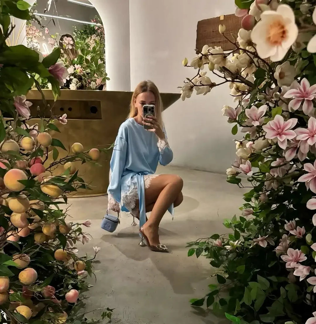 Satin Lace Patchwork Dress Women Long Sleeve O-neck Casual 2026 Spring Female Dresses Casual Solid Beach Robe not contain pearls