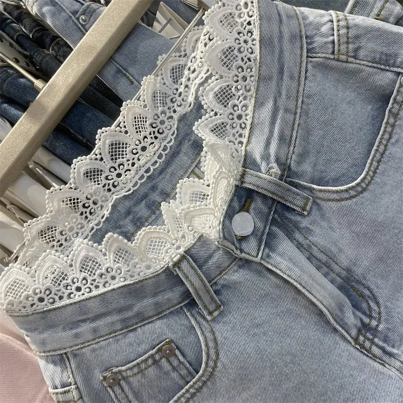 Light Blue Denim Shorts For Women High Waisted Raw Hem Lace Patchwork Petite Shorts Summer Casual Slim Fit Hot Pants