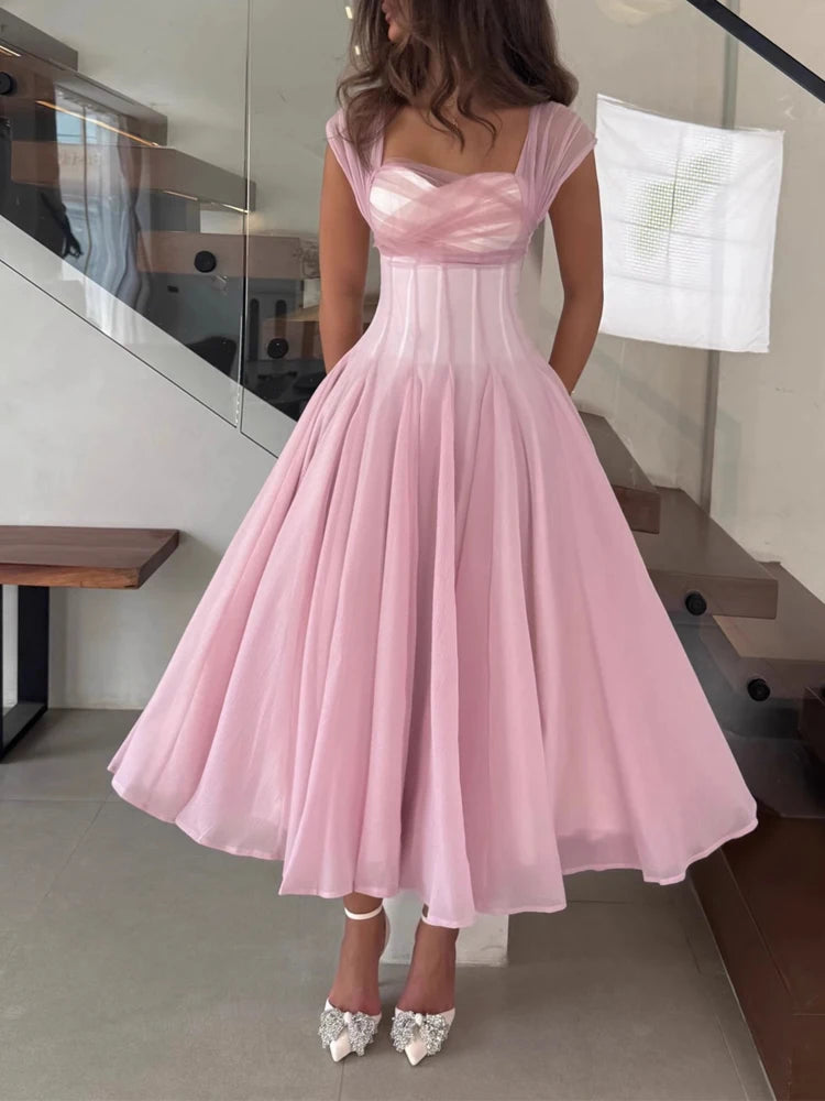Women Fashion Backless High Waisted Ball Dress Elegant Christmas Party Long Dresses 2025 Sexy Square Neck Sleeveless Mesh Dress