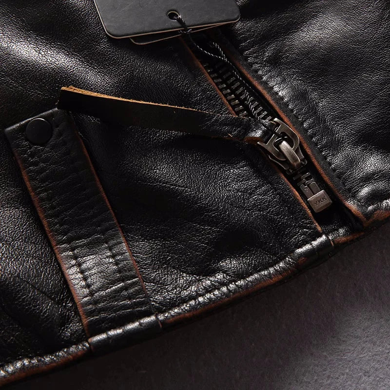 Vintage Black Winter Leather Jacket Men Retro Style Plus Size 5XK Natural Thick Cowhide Diagonal Zipper Genuine Leather Coat