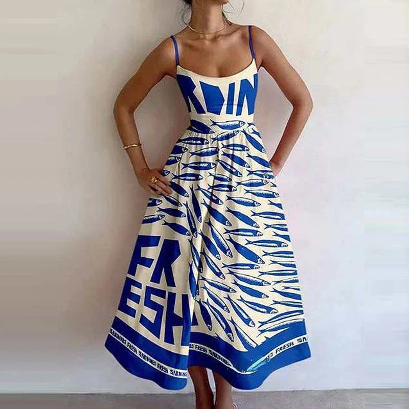 Summer U-neck Casual Female Vintage Elegant Spaghetti Strap Dress Women Elegant Solid Sleeveless A-line Midi Women's Dresses