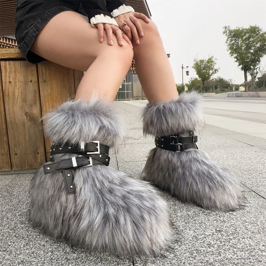 Winter Fur New Design Onepiece Raccoon FurFemale Snow Boots Fur shoes OutdoorMid Leg Boots y2k Cool Pink Girl