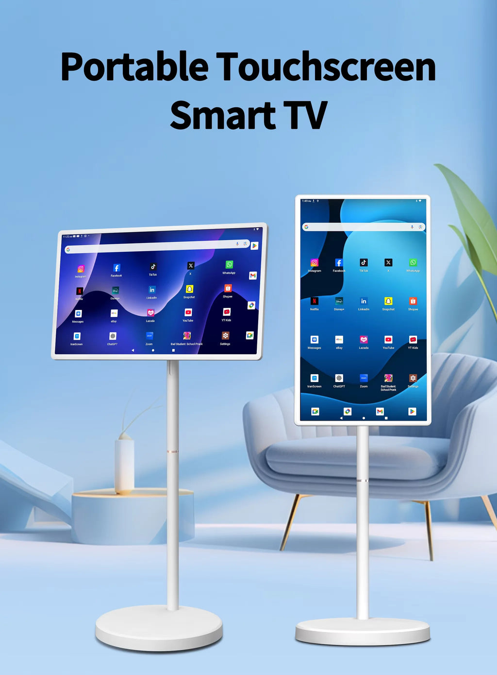 Smart TV, 6G+128G Floor Stand Tablet with Remote Controller 2K Camera Video Call, Inbuilt 148W Battery Power 32 Inch Android 15
