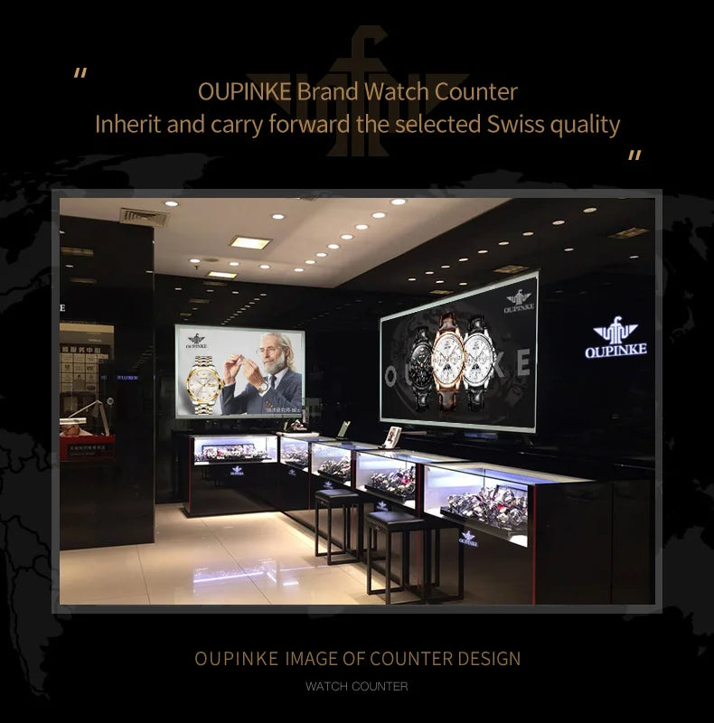 OUPINKE Top Men's Automatic Mechanical Wrist Watch Leather Strap Luxury Business Multi functional Lunar Phase Dial Reloj Hombre