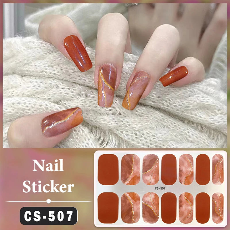No Baking Lamp Waterproof Nail Wraps Full Cover Nail Stickers Firm And Not Easy To Fall Off 14 Nails/Set Multi Color Nail Patch