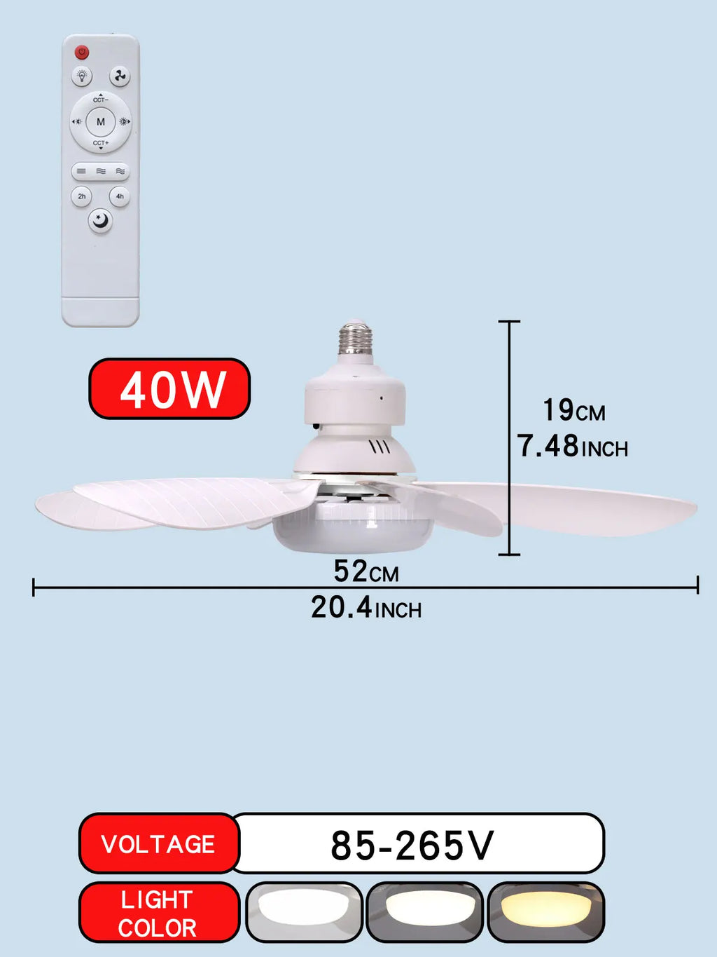 E27 with Remote LED 30W 40W Ceiling Fan Light Dimming Function Suitable for Living Room Study and Home Use 85-265V
