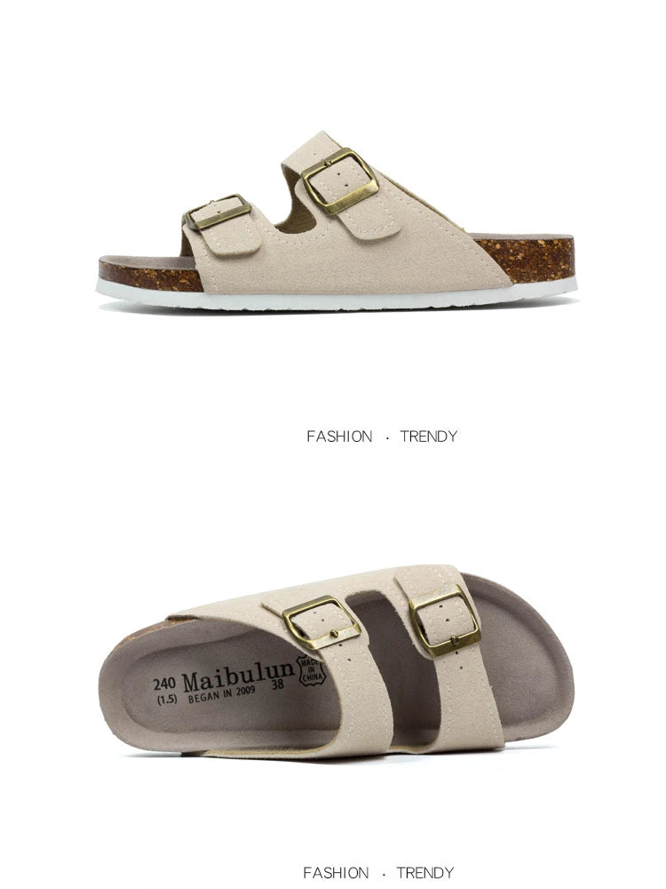 Nubuck Women Cork Slippers Summer Mule Clogs Flats Sandals Slides Casual Beach Couple Double Buckle Soft Shoes Footwear Big Size
