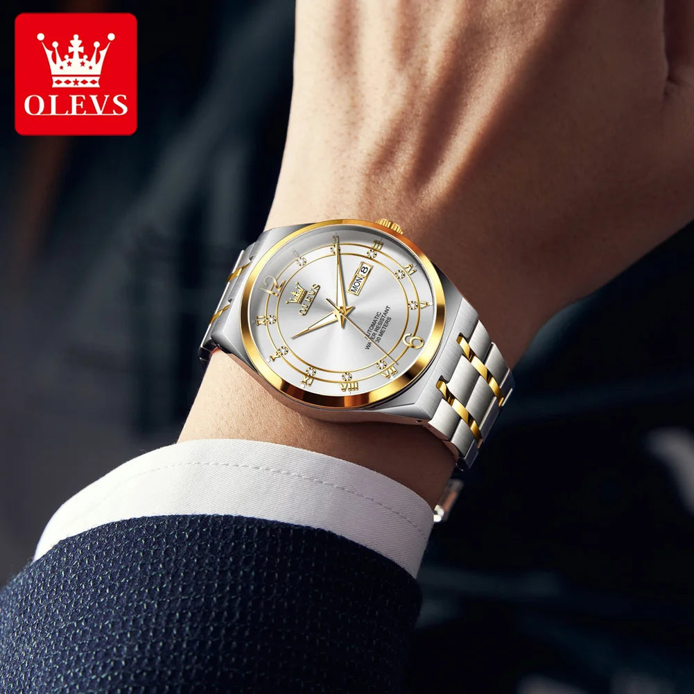 OLEVS 7068 Mens Watch Original Automatic Menchanical Wristwatch Waterproof Luminous For Men Sport Date Dual Calendar Design