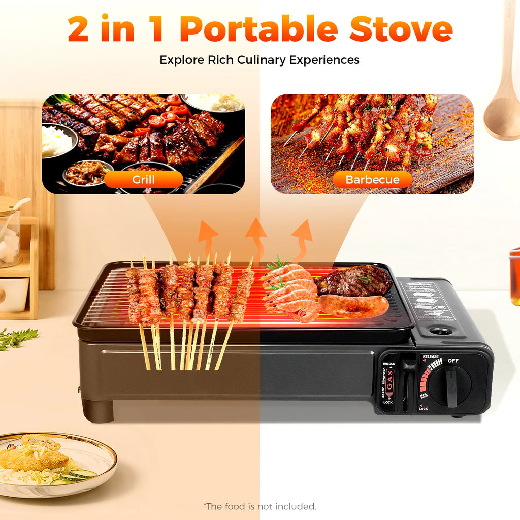 Portable Butane Gas Grill Stove Dual Inlets Adjustable Firepower with Carrying Case Grill Net for Camping Outdoor Use