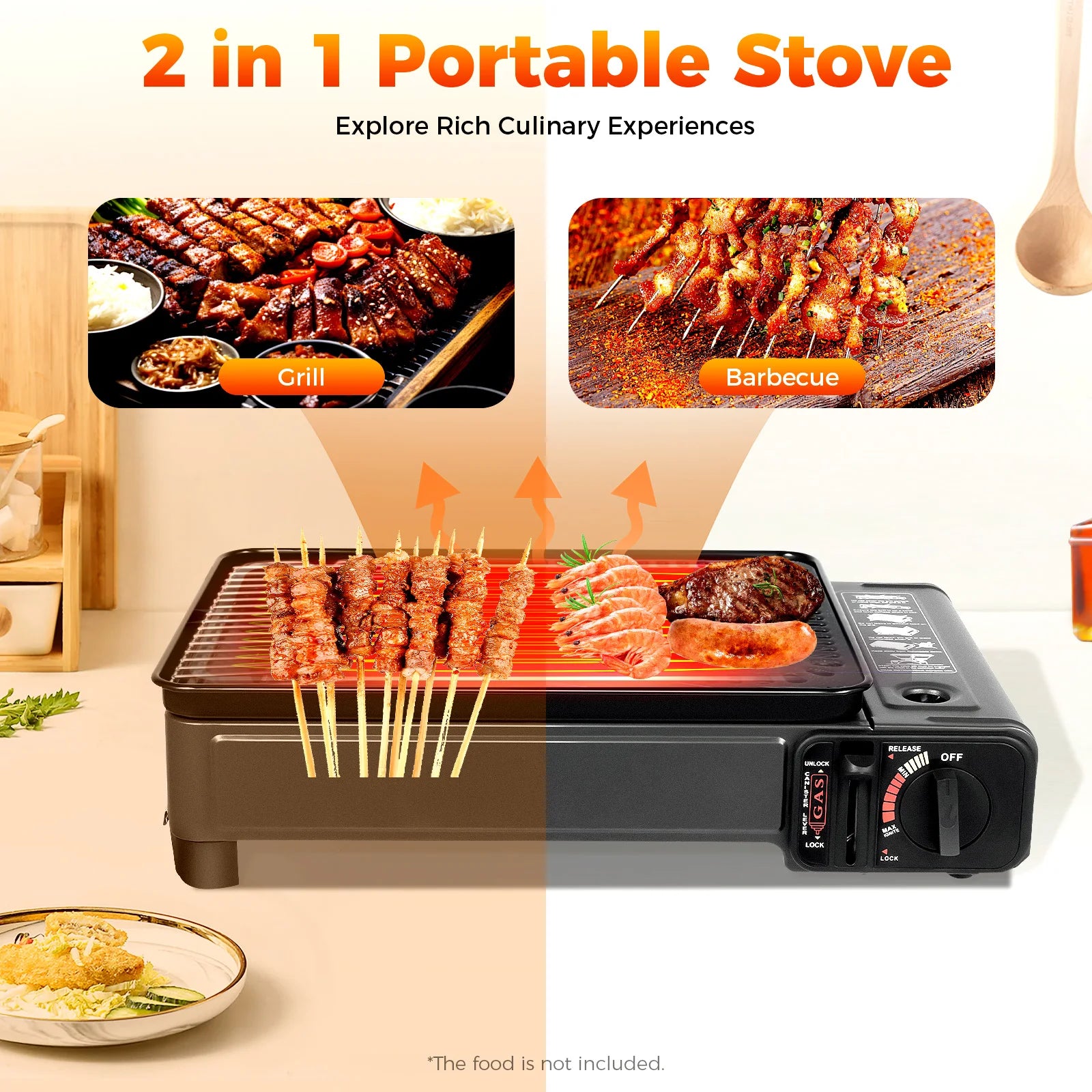 Portable Butane Gas Grill Stove Dual Inlets Adjustable Firepower with Carrying Case Grill Net for Camping Outdoor Use