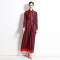 2025 Spring New Silk Satin European and American Fashion Waist slimming Printed Dress with Belt and Knee length Skirt