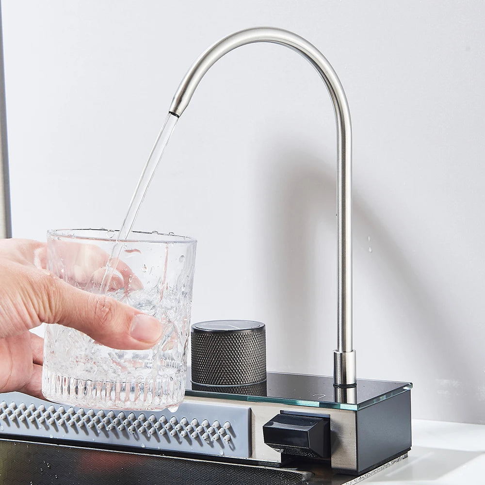 304 Stainless Steel Waterfall Kitchen Sink Large Single Slot Integrated Digital Display Faucet Set Soap Dispenser Cup Washer