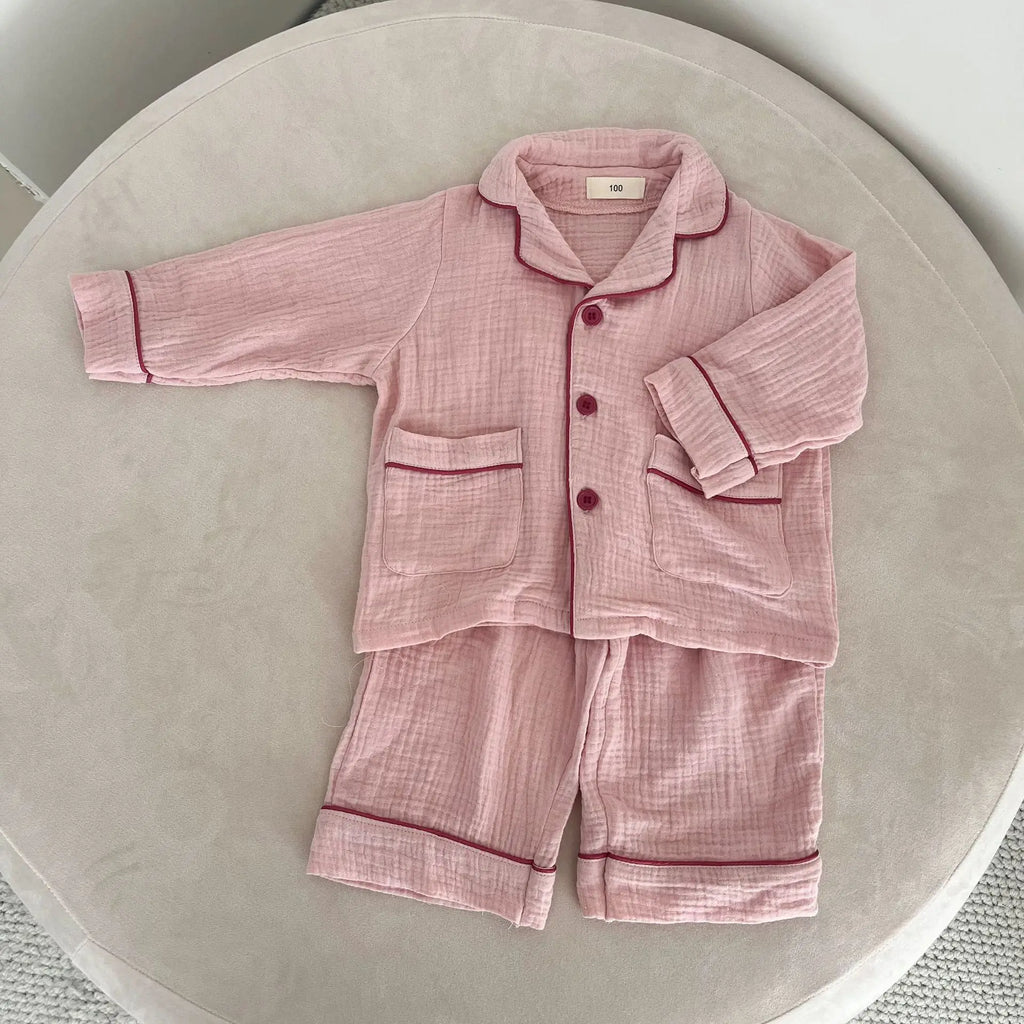 2026 New Children's Cotton Pajamas Set Soft Loose Boys Girls Clothing Turn-down Collar Button Shirt Trousers 2 Pcs Suit Pijamas