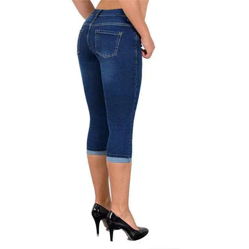 Women Simple Style Slim Pencil Jeans Scratches Decoration Seven-quarter Length Pants Daily Casual Commuter Female Denim Trousers