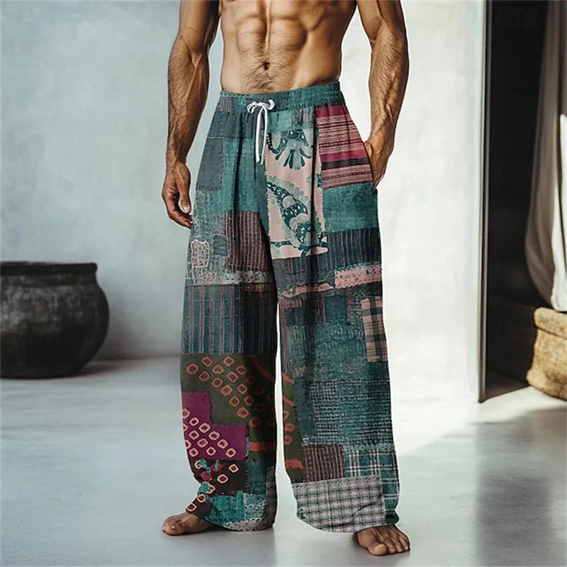 Summer Men's Beach Shorts Relaxed Fit Drawstring Casual Pants 3D Printed Geometric Pattern Breathable Wide-Leg Pants